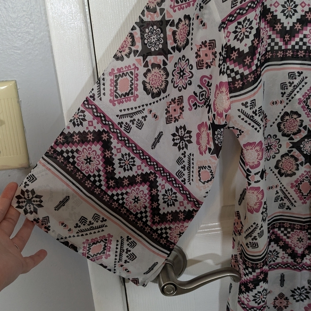 Wallflower Sheer Geometric Floral Print Bohemian Open Front Kimono Top Size L - Picture 5 of 6